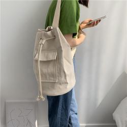Korean Women's New Fashion Simple One-Shoulder Slanting Cross Bag Drawstring Pleated Large Capacity Canvas Bucket Shoulder Bag