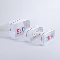 Keymay Popular Embroidery Chenille Letter Patches Travel Organizer Bag Waterproof Pvc Cosmetic Bag Clear Makeup Zipper Bag