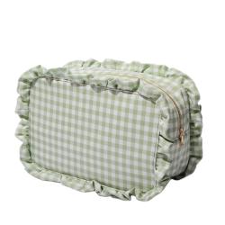 Large Capacity Nylon Travel Makeup Bag Storage bag Custom French Style Gingham Ruffle Cosmedtic Bag Round