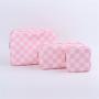 Keymay High Quality Embroidery Letter Patches Plaid Cherecked Custom Printed Cosmetic Bag Travel Organizer Pouch Bag Makeup