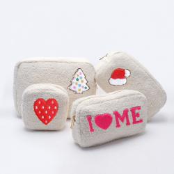 Keymay Multi-color Personalized Chenille Letter Patches Winter Teddy Sherpa Plush Cosmetic Bag White Cosmetic Bag Makeup Bags