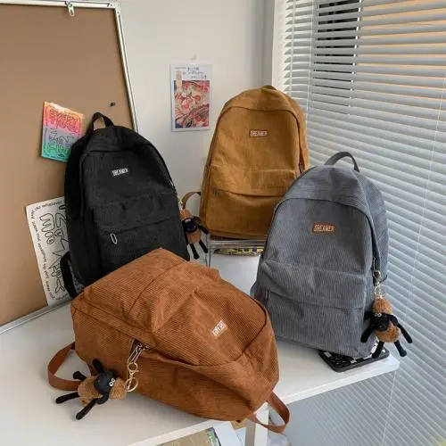 New Designer Trendy Custom Fashion Retro Simple Style Corduroy Backpack Solid Color Bookbags Student Schoolbag