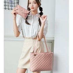 New Fashion Cheap Woman Tote Bag Custom Pure Color Large Capacity Diamond Lattice Handbag Two Pieces Set  Single Shoulder Bag