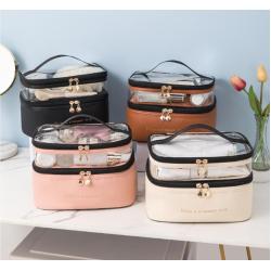 Multifunction Transparent Large Capacity Zipper Makeup Bag Double Layer PVC PU Toiletry Cosmetic Bag