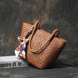 Vintage Summer Beach Woven Genuine Leather Real Cowhide Top Handle Tote Shoulder Bag Crossbody For Women
