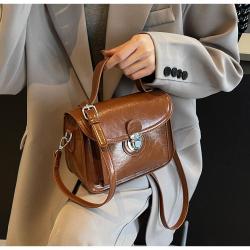 2024 new wax leather retro fashion women's small square bag messenger bag ladies brown handbag wholesale shoulder bag