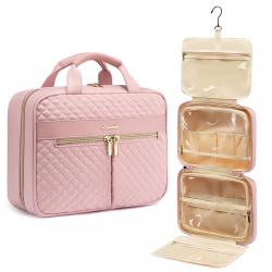 LOVEVOOK Stylish Waterproof Trip Makeup Case with Hanging Hook Cute Pink Girl Cosmetic Organizer Bag Women Travel Toiletry Bag