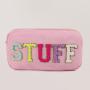 Low MOQ Stock Wholesale Travel Snacks Embroidered Letter Makeup Organizer Pouch Personalized Chenille Patches Pvc Cosmetic Bag