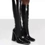 Western Popular Style Patent Leather Upper Women Square Toe Knee High Boots Side Zipper Chunky High Heel Boots For Women