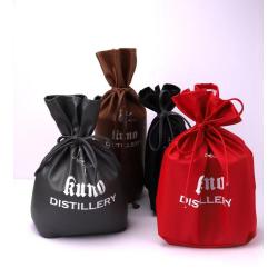 Custom Logo Printed Square Bottom Leather Travel Drawstring Wine Bottle Bag Christmas Leather Wine Gift Bag