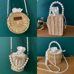 2024 Handmade Summer Straw Beach Bali Tote Bag with pearl chain Bamboo Woven Rattan bucket Bag With Pearl Handle