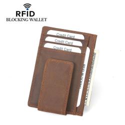 Crazy Horse Men's Cow Leather Wallets Anti-Theft RFID Blocking Wallet Brown Credit Card Holder Money Cash Clip