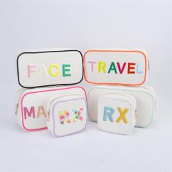 Keymay Popular RTS Stock Multi-color 4 Sizes Embroidery Letter Patches Zipper Cosmetic Bag Travel Organizer Canvas Makeup Bag