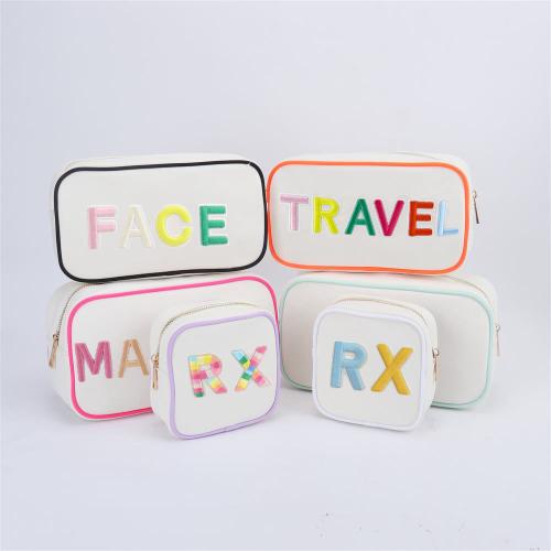 Keymay Popular RTS Stock Multi-color 4 Sizes Embroidery Letter Patches Zipper Cosmetic Bag Travel Organizer Canvas Makeup Bag