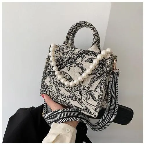 New niche embroidered cotton linen handbag with large capacity canvas shoulder bag