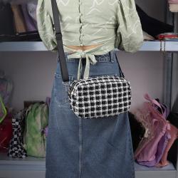 Keymay Custom High Quality Adjustable Shoulder Strap Gold Zipper Shoulder Bags Plaid Shoulder Bag Crossbody Bag Tweed for Girls