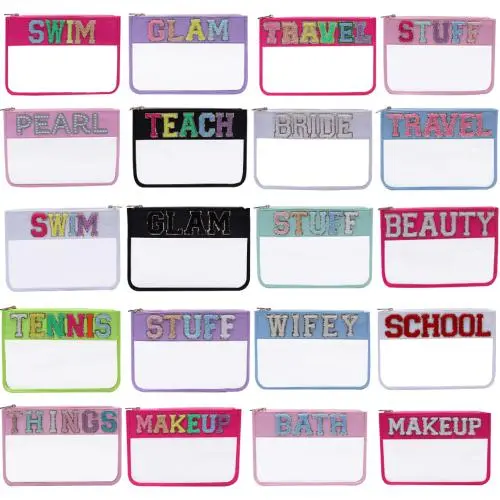 Keymay Low MOQ Custom Personalized Makeup Bag Chenille Patches Birthday Bridesmaids Gift Transparent Pvc Clear Cosmetic Bag