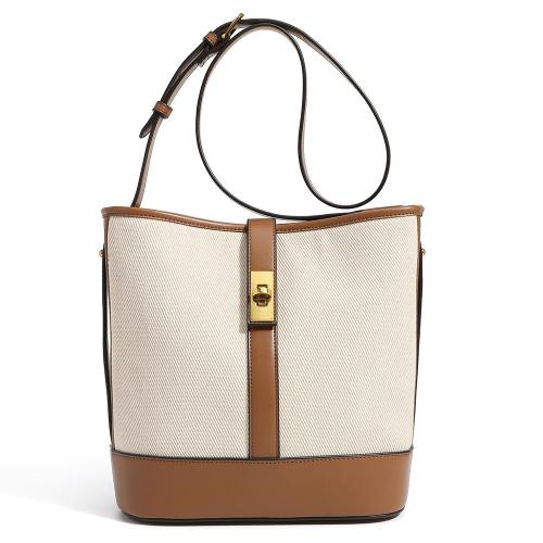2024 new trend large-capacity canvas stitching bucket bag simple contrast color Joker shoulder bag