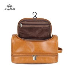 2024 Daily ins Pu Leather Double Layer Toiletry Bag With Hook Portable Travel Brush Organizer Pouch