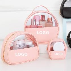 Custom Logo fashion makeup bag pu leather travelling cosmetic bag for women transparent pvc clear toiletry bag