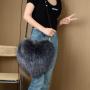 Trendy imitation fur peach heart plush bag leather strap shoulder heart shaped crossbody bag handbags