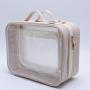 Custom Pink Double Zippers Leather Cosmetic Train Case With PVC Pocket Large Clear Cosmetic Cases for Travel