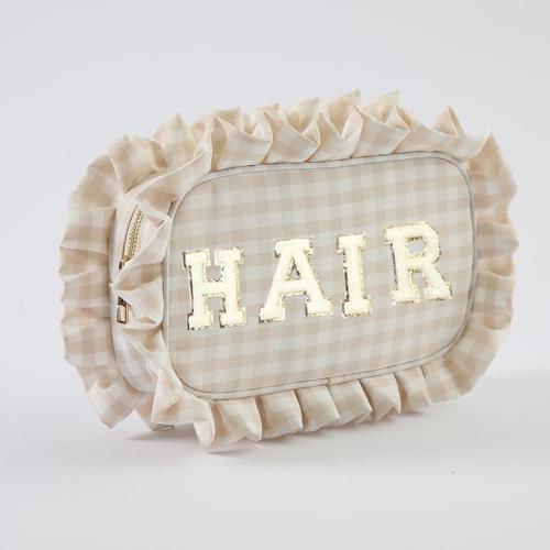 Keymay Popular 5 Colors S M L XL Chenille Letter Patches Gingham Ruffle Bag Cute Cosmetic Bag Large Makeup Bag Travel Pouches