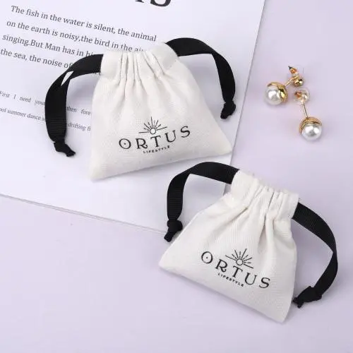 Custom Logo Printing Brush Canvas Drawstring Jewelry Bag Ring Earring Necklace Bracelet Gift Storage Jewelry Pouch