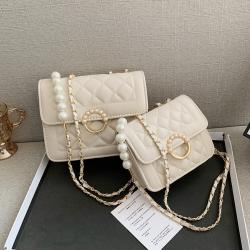 2024 New Fashion Korean Single Shoulder Bag Messenger Small Square Bag Diamond Lattice Chain Pearl Lock Women's Bag