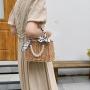 High Quality Square Silk Ribbon Hollow Out Pearl Handbags China Tote Beach Bags Straw Bucket Bag New Handbags