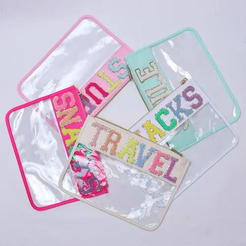 Customize Logo Stick Letter Patches Multi Colors Metal Zipper Lightweight Portable Women Transparent PVC Clear Travel Pouches