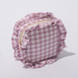 RTS Stock Polyester Custom Glitter Patches Personalized Gingham Women Lady Ruffle Travel Toiletry Storage Makeup Cosmetic Bag
