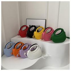 Fresh sweet pure color striped bag women's shoulder crossbody bag new 2024 popular pu round handbag