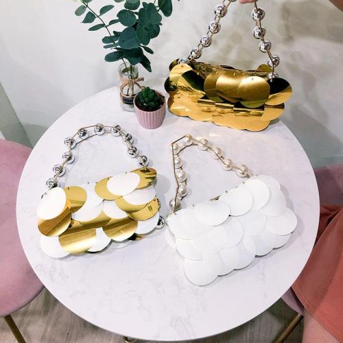 Custom party  big sequins beads chain shoulder bag  Leisure pearl beads round platinum sequins handmade beaded handbag for women