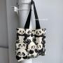Large Capacity Women's Shoulder Bag Zipper Canvas Bag Cute Panda Cartoon Print Portable Shopping Bag Double-Sided Print