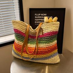 2024 Rainbow Colorful Stripe Straw Bag Summer Beach Eco Friendly Handmade Woven Raffia Tote Bag Designer Wallet Bags