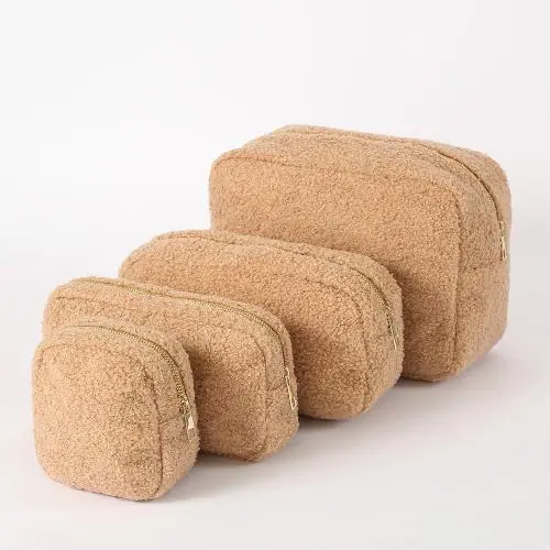 Keymay New Winter Cosmetic Bag Teddy Cloth Makeup Bag Christmas Bridesmaid Gift Plush Fuzzy Bag Sherpa Makeup Pouch