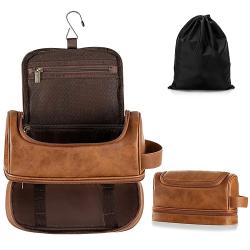 Mens Leather Travel Organizer Kit with hanging hook Large Water-resistant Toiletries Bathroom Shaving Bags