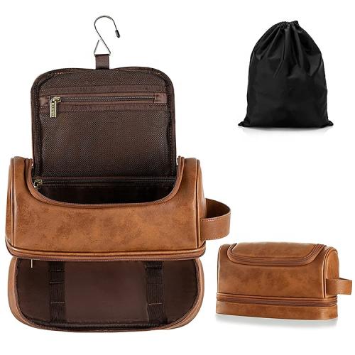 Mens Leather Travel Organizer Kit with hanging hook Large Water-resistant Toiletries Bathroom Shaving Bags