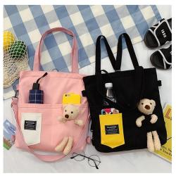Fashion New Woman Canvas Bag Customs Backpack Large Capacity Cute Bear Doll Bag for Student One Shoulder Diagonal Shoulder Bag