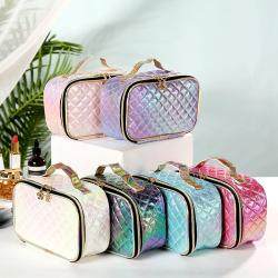 Portable Pu Lattice Fashion Women Makeup Case Laser Lattice Cosmetic Bags Toiletry Bag For Women