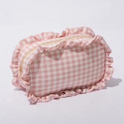 Keymay Low MOQ Good Quality S M L XL Makeup Storage Bag Gingham Cosmetic Bag Nylon Zipper Pouch Ruffle Make Up Bags