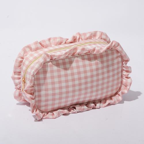Keymay Low MOQ Good Quality S M L XL Makeup Storage Bag Gingham Cosmetic Bag Nylon Zipper Pouch Ruffle Make Up Bags