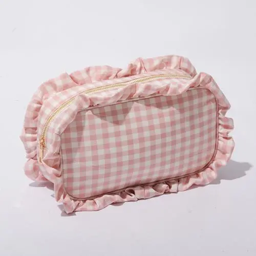 Keymay Low MOQ Good Quality S M L XL Makeup Storage Bag Gingham Cosmetic Bag Nylon Zipper Pouch Ruffle Make Up Bags