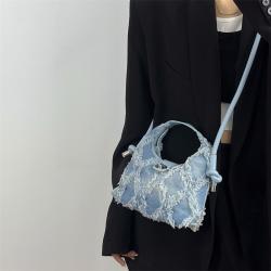 Fashion Ladies Vintage Denim Handbag Pure Color Fringe Crossbody Bag Polyester Simple Shoulder Bag