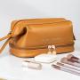 Custom Logo Double Layer Make up Pouch pu leather soft travel organizer beige cosmetic bag
