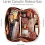 Stylish PU Women's Cosmetic Toiletry Case with Multiple Pockets and Removable Brush Holder for Beauty Products