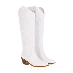 Women's Embroidered Western Cowboy Boots Knee High Stitching Almond Toe Medium Chunky Heel Pointy Toe Fashion Retro Classic Boot