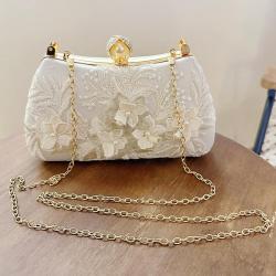 Fashionable Silk fabric pearl chain handle sling bag handbag ladies purse white embroidery flower clutch bag women evening bags
