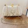 Fashionable Silk fabric pearl chain handle sling bag handbag ladies purse white embroidery flower clutch bag women evening bags